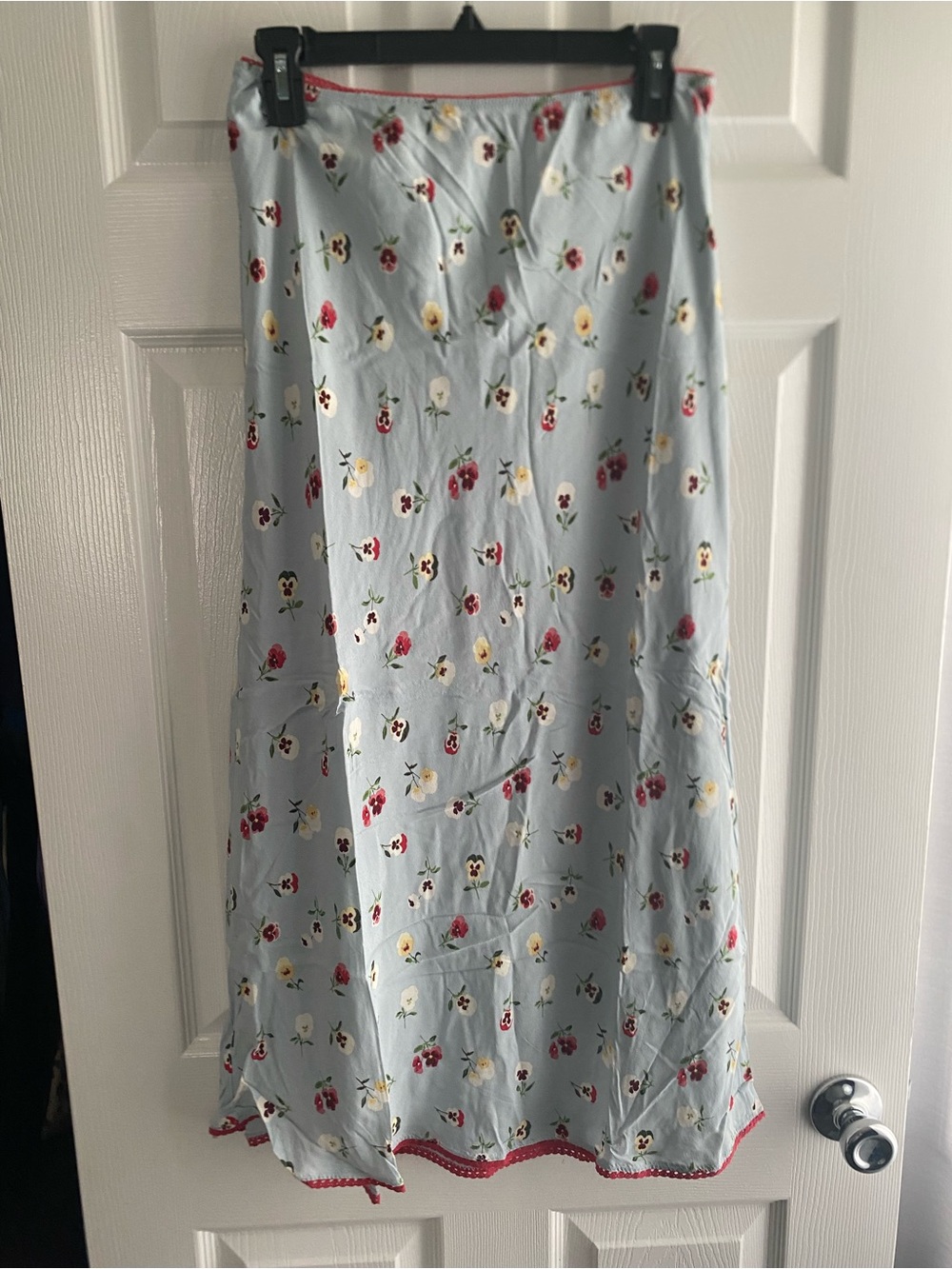 Light Blue Floral Midi Skirt - Feminine Spring A-Line
